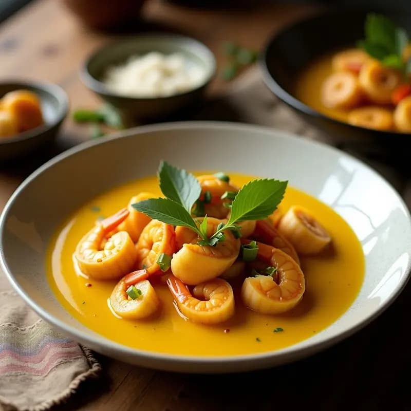 Cazuela de barro humeante con gambas, mejillones y calamares bañados en una salsa cremosa de leche de coco y cúrcuma, decorada con cilantro fresco y rodajas de limón, receta keto peruana en olla express.