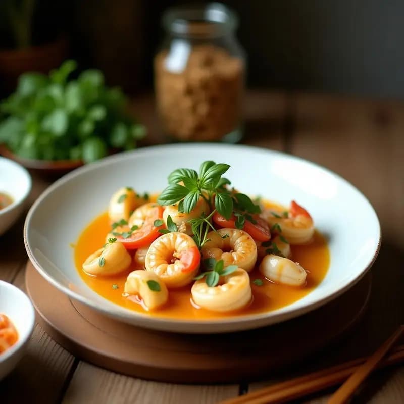 Cazuela chilena de mariscos con leche de coco y jengibre servida en un plato hondo de barro, con almejas, mejillones y camarones en un caldo cremoso y aromático, decorada con cilantro fresco y rodajas de limón.