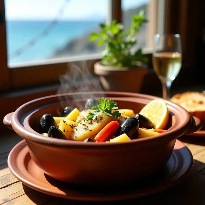 Olla de barro humeante con cazuela de mariscos chilena: trozos de reineta blanca, choritos abiertos, papas, zanahorias y apio en un caldo dorado espolvoreado con perejil fresco y merquén.