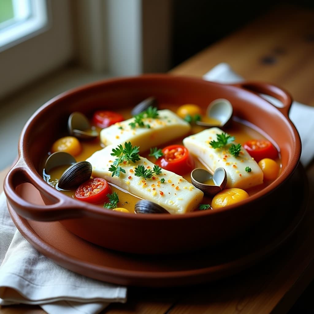 Cazuela de barro humeante con filetes de merluza blanca, almejas abiertas y trozos de pimientos choriceros rojos, bañados en un caldo dorado con perejil fresco. Receta vasca de cazuela de merluza con pimientos choriceros y almejas en olla express.