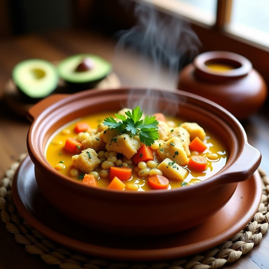 Cazuela de barro humeante con pollo al ají amarillo y quinoa cocida, servida en un plato hondo rústico. El pollo dorado se mezcla con quinoa esponjosa, salsa cremosa de ají amarillo y trozos de zanahoria y pimiento rojo. Decorada con hojas de cilantro fresco y acompañada de rodajas de aguacate. Receta peruana tradicional en olla lenta, alta en proteína.