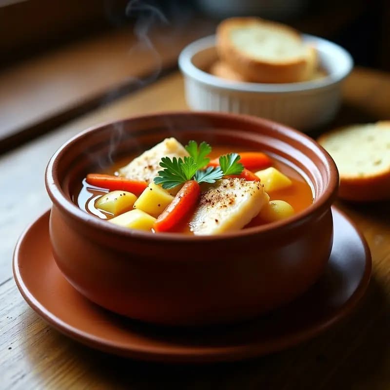 Cazuela de barro humeante con cazuelita de pescado reineta, filetes de pescado blanco en caldo dorado con papas, zanahorias y perejil. Plato tradicional chileno servido con pan.