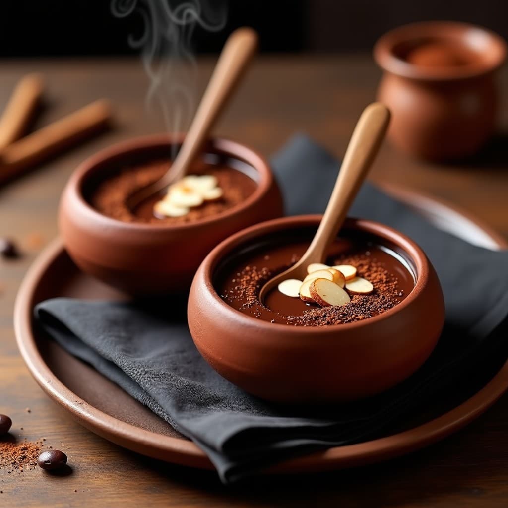 Cazuelita de barro con chocolate negro fundido y brillante, espolvoreado con chili en polvo y almendras fileteadas, servida con una cuchara de madera sobre un mantel rústico.