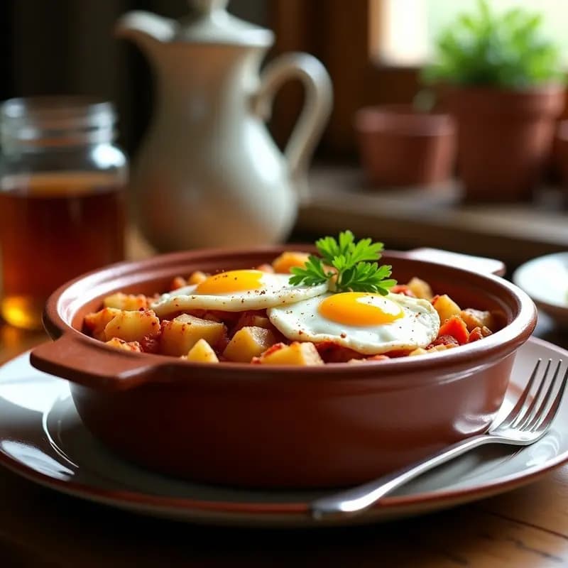 Cazuela de barro con cazuelita de atún desmenuzado, patatas doradas, huevos fritos con yema líquida y perejil fresco espolvoreado, receta tradicional andaluza.