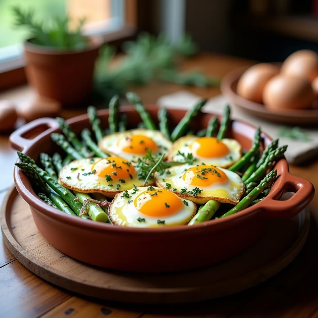 Cazuela de barro humeante con espárragos trigueros tiernos, huevos de codorniz cuajados con yema líquida, cebolla morada y perifollo fresco. Receta española en olla express.