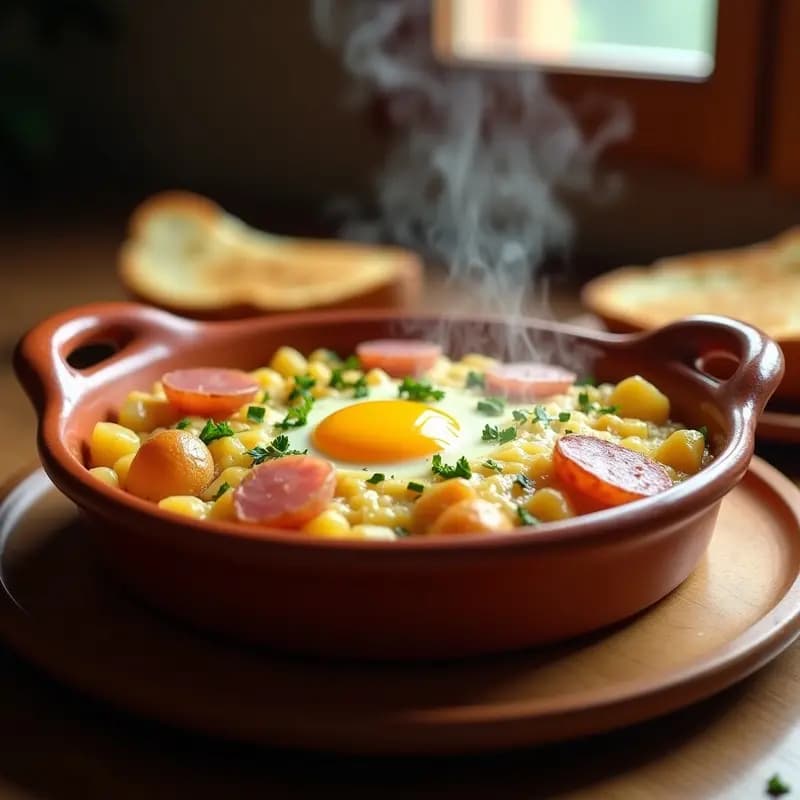 Cazuelita de barro humeante con huevo campero, patatas en dados, jamón serrano y queso gratinado, decorada con perejil fresco. Receta tradicional española de tapa caliente.