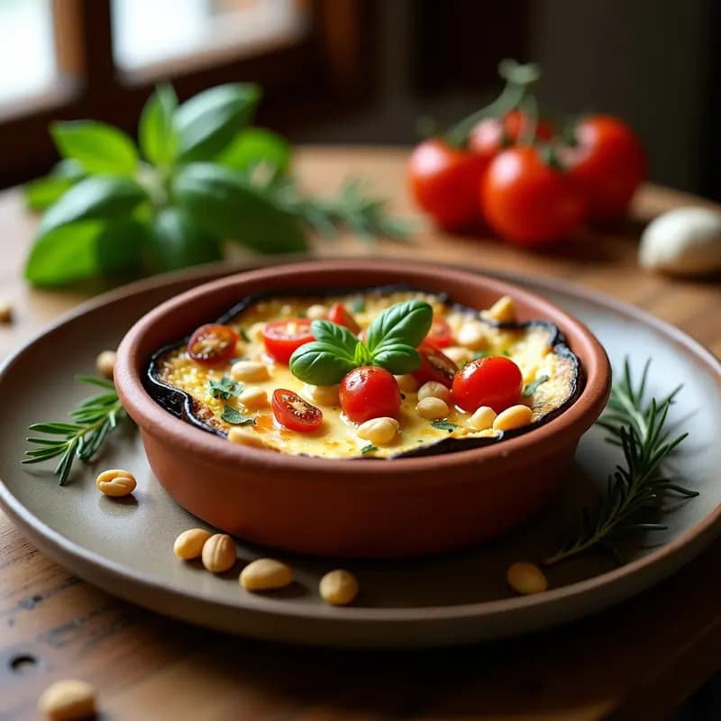 Cazuelita de barro individual con capas de berenjena asada, queso de cabra dorado, tomates cherry y piñones tostados, decorada con hojas de albahaca fresca, receta de cazuelita mágica de berenjena y queso de cabra.