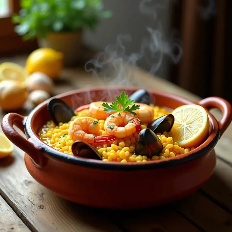 Cazuelita humeante de arroz caldoso con gambas, mejillones y calamares, decorada con perejil fresco y gajos de limón. Plato tradicional costero español servido en cuenco rústico de barro.
