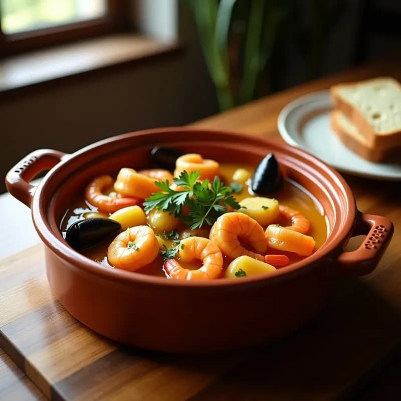 Cazuela de barro humeante con cazuelita de marisco y brandada de bacalao, mezclando gambas, mejillones, calamares y patatas en una salsa cremosa de ajo y pimentón, decorada con perejil fresco.