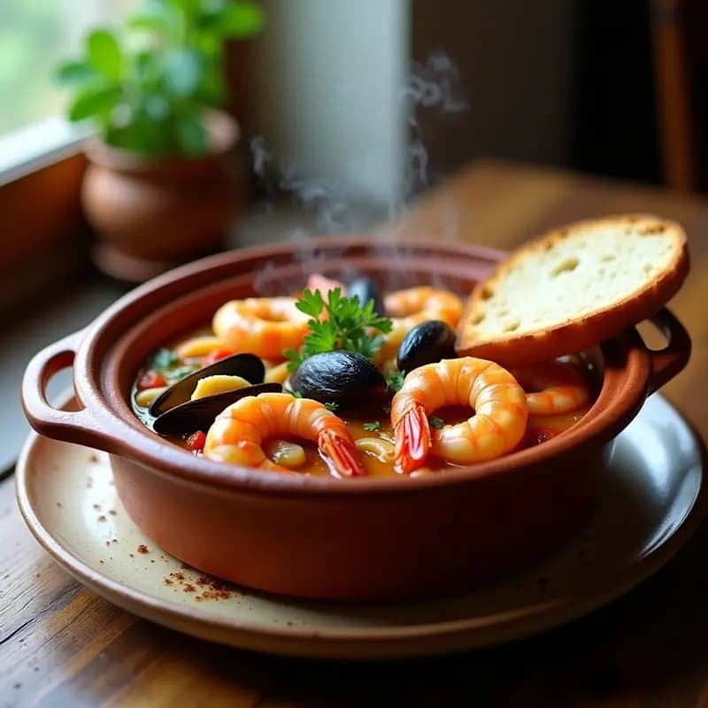 Cazuela de barro humeante con cazuelita de mariscos con ñoras, gambas rojas, mejillones y calamares en un caldo dorado. Acompañada de pan tostado y perejil fresco picado, receta catalana tradicional de pescadores.
