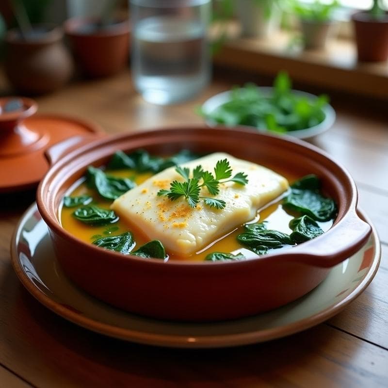 Cazuelita de barro con merluza en filetes tiernos, espinacas verdes brillantes y caldo dorado por el azafrán, servida con un toque de perejil fresco. Plato tradicional español low-carb y sin lactosa, cocinado en olla express.