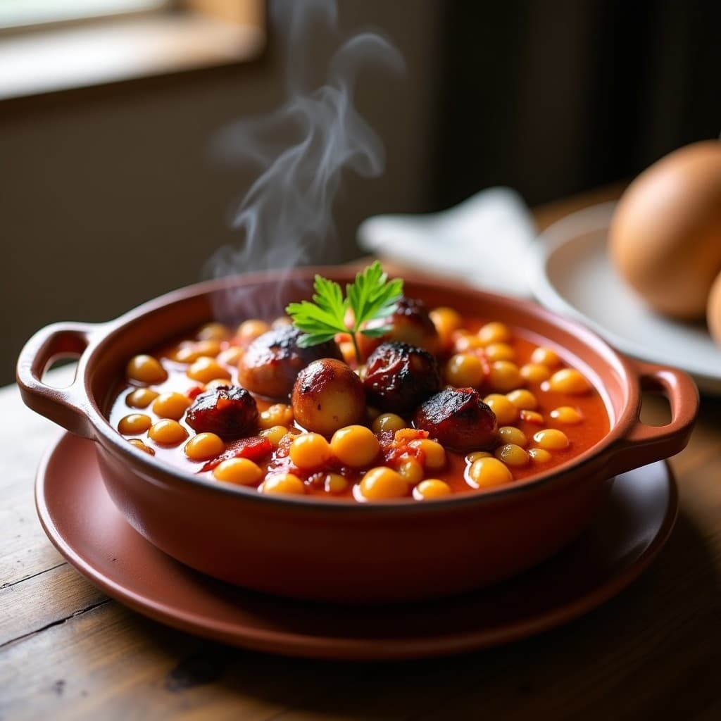 Cazuela de barro humeante con trozos tiernos de pulpo y garbanzos bañados en una salsa dorada de pimentón y azafrán, decorada con perejil fresco. Plato tradicional español cocinado en olla lenta.