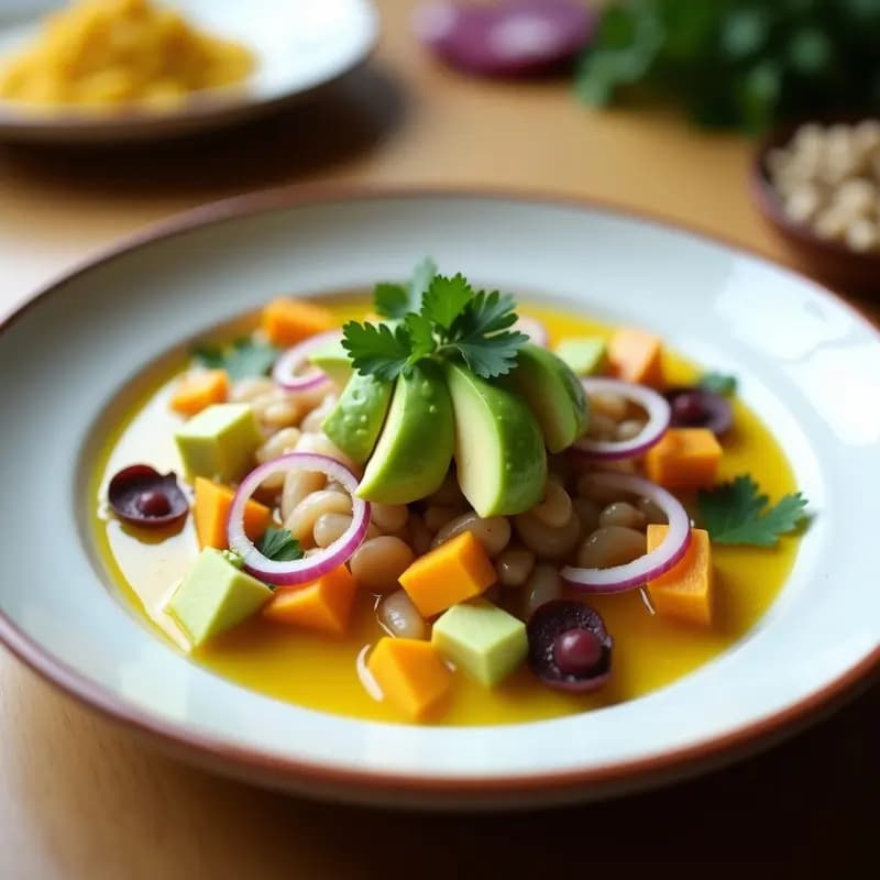 Plato de cebiche de lenguado con cubos de aguacate verde, rodajas de maracuyá amarilla y cebolla morada, bañado en leche de tigre, acompañado de camote morado y maíz tostado.