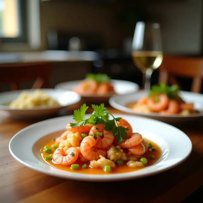 Cebiche ecuatoriano en copa de cristal con langostinos rosados marinados, trozos de palta cremosa, tomates cherry rojos y decoración de gajos de naranja sanguina y hojas de cilantro fresco sobre fondo rústico de madera.