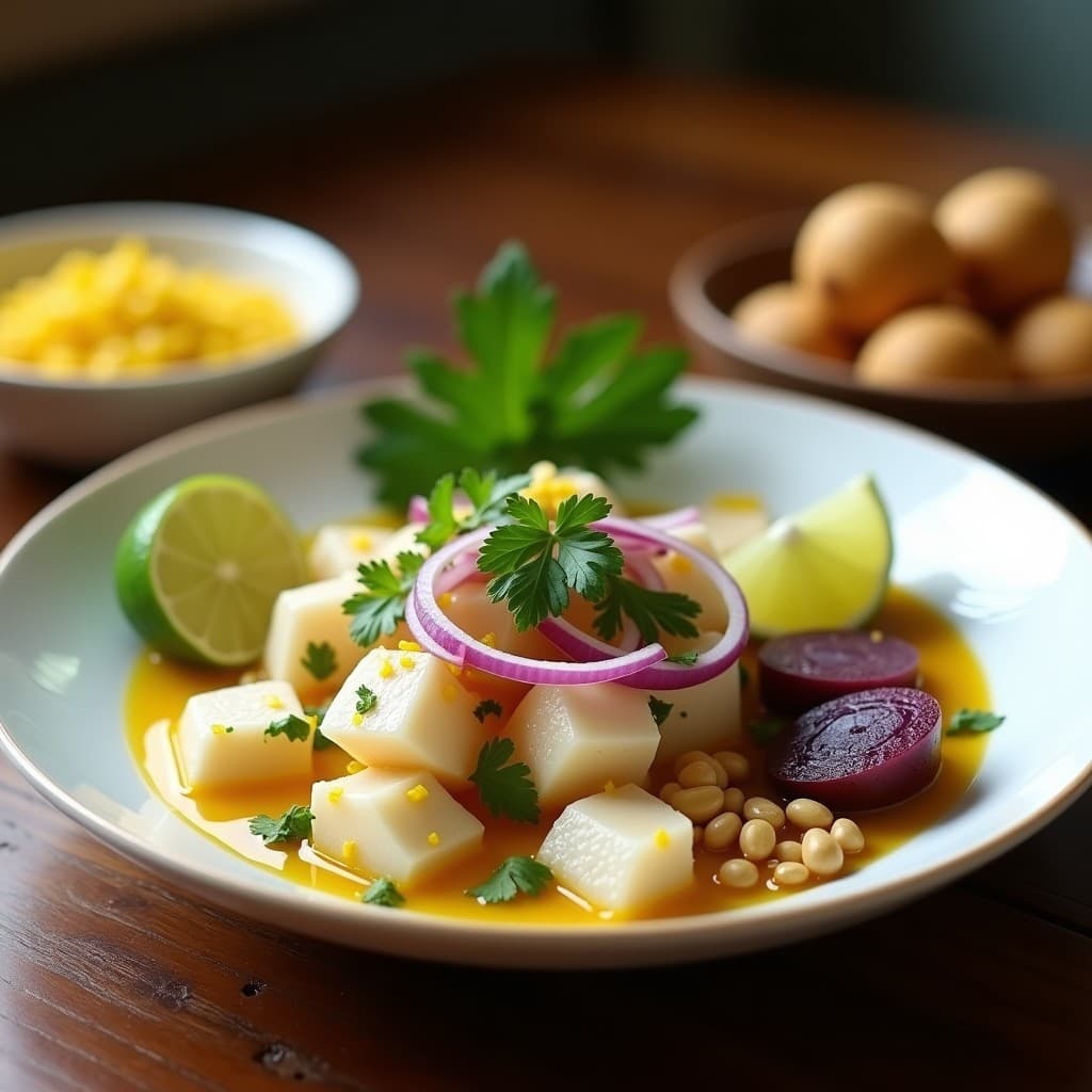 Plato hondo de cerámica blanca con cebiche peruano auténtico: trozos de pescado blanco marinado en leche de tigre, rodeado de rodajas de camote morado, choclo, cancha serrana y cebolla roja. Decorado con hojas de culantro y limones verdes.