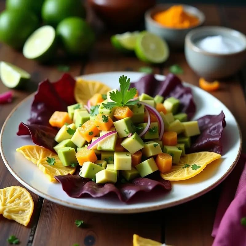 Cebiche vegano de corazón de palta servido en cucharas de chifle sobre hoja de lechuga morada, con trozos de cebolla morada, cilantro y rodajas de limón sutil al fondo.