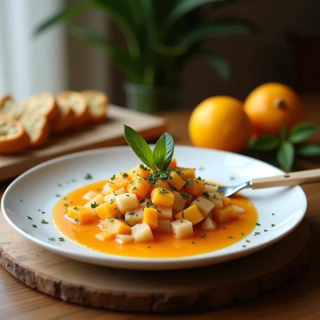 Copa de cristal transparente con ceviche vegano de corazón de palmito en rodajas, gajos de naranja sanguina, aguacate en cubos y almendras fileteadas, decorado con cilantro fresco sobre fondo blanco.