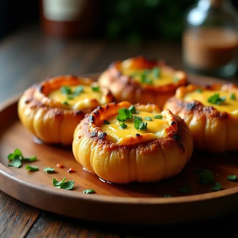Cebollas agridulces rellenas de carne picada y queso fundido gratinado, con textura crujiente por fuera y jugosa por dentro, servidas en una bandeja de madera con fondo desenfocado.