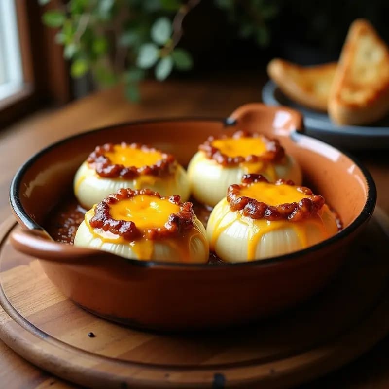 Cebollas blancas grandes rellenas de carne molida especiada y queso derretido gratinado, servidas en una fuente de barro con fondo dorado y textura crujiente.