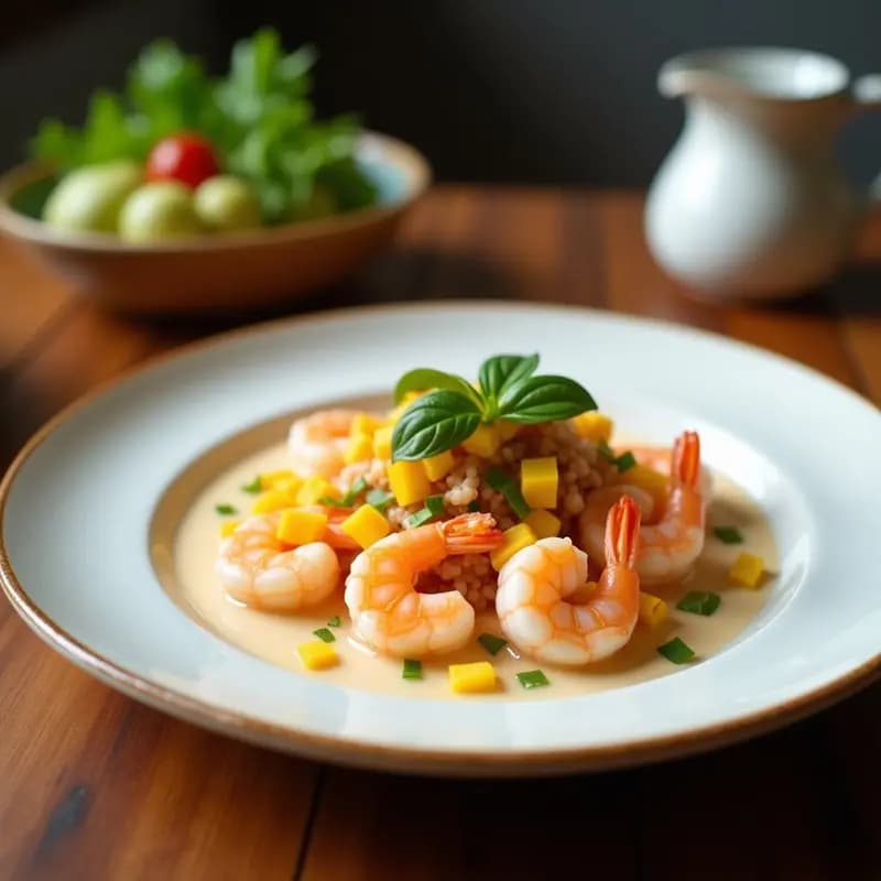 Plato hondo blanco con ceche de camarones y mango con leche de coco, decorado con cebolla morada y cilantro fresco, servido con rodajas de limón y tostadas crujientes.