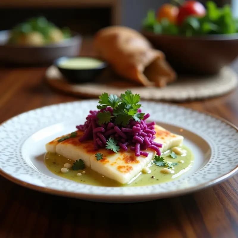 Plato de cecheti de corvina y leche de coco con trozos de pescado blanco marinado en un bol blanco, cubierto con crujiente de maíz morado dorado y decorado con cilantro fresco y rodajas de limón. Receta peruana rápida y cremosa.