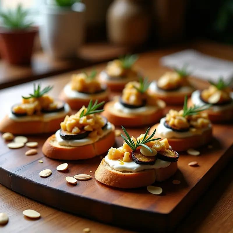 Cechetti veneciano vegano con berenjena asada y queso de cabra sobre pan integral tostado, decorado con almendras fileteadas y miel de agave, servido en bandeja de madera rústica.