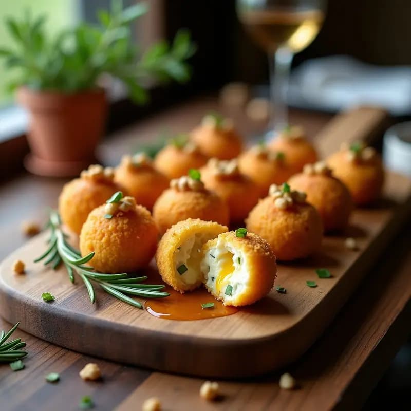 Cechetti de polenta y gorgonzola dorados en airfryer, servidos en bandeja de madera con virutas de nuez y miel de castaño, aperitivo veneciano sin gluten crujiente y cremoso.