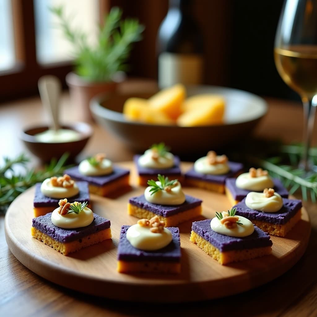 Bandeja de madera con cechetti de polenta de maíz azul dorados en forma de cubo, coronados con crema de gorgonzola fundida y nueces picadas tostadas. Fondo borroso con hierbas frescas y luz natural.