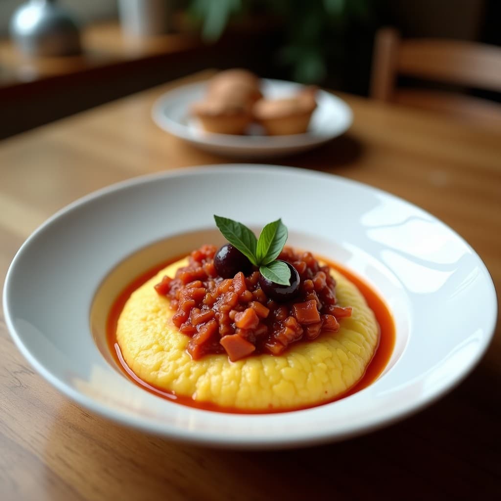 Cechetti de polenta dorada en cuadrados perfectos, coronados con un ragu oscuro de berenjena y aceitunas kalamata, decorados con hojas de albahaca fresca y un hilo de aceite de oliva sobre un plato rústico de madera.