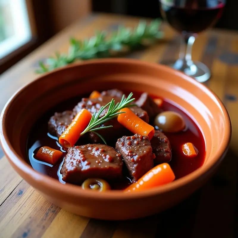 Plato hondo de barro con cecina al vino tinto en salsa espesa, acompañada de zanahorias y cebollas glaseadas. Receta tradicional en olla lenta.