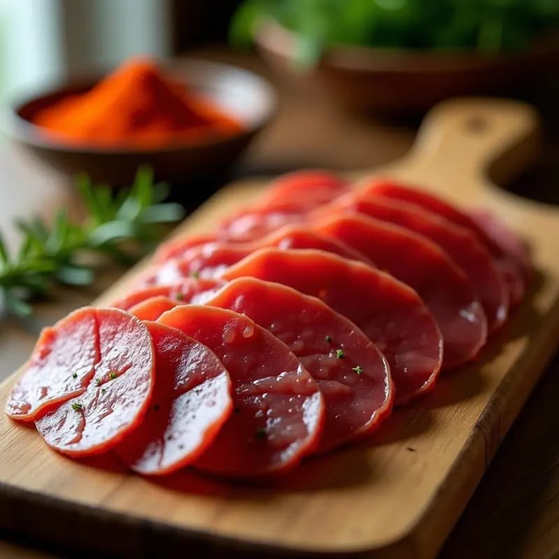 Filetes finos de cecina de ternera marinada con pimentón de La Vera, cortados en láminas y dispuestos en un plato de madera rústico con hierbas frescas.