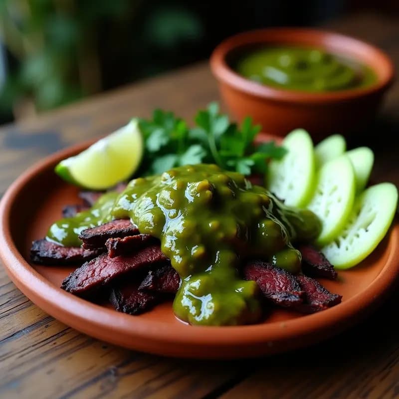 Plato rústico de barro con cecina de res deshidratada en tiras oscuras, bañada en salsa verde espesa con trozos de tomatillo, acompañada de nopales en tiras y decorada con cilantro fresco. Receta mexicana alta en proteína y sin carbohidratos.