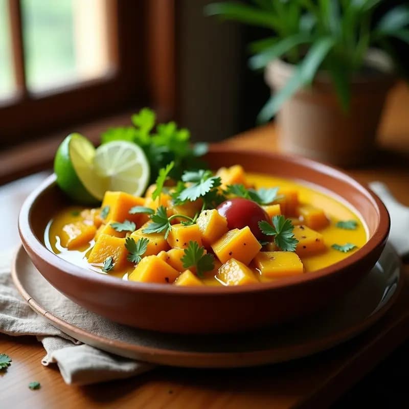 Plato hondo de barro con ceiche de choros zapallo vegano, choros marinado con limón y ají amarillo, cubos de calabaza dorados en airfryer, cebolla morada y cilantro fresco. Receta peruana con toque ciudadano crujiente.