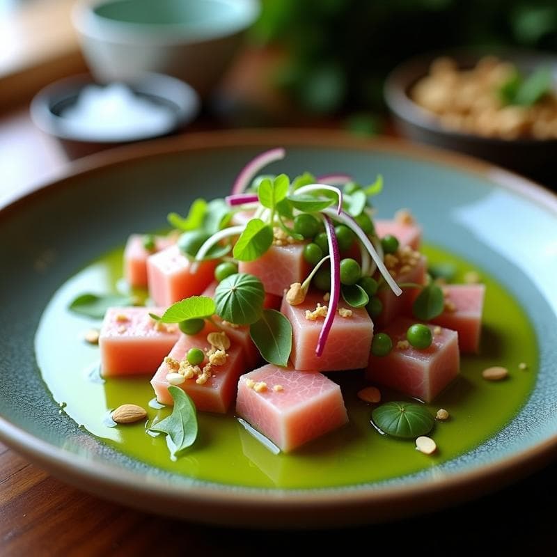 Ceiche de Coral de Atún con Leche de Tigre Verde: Receta Peruana en 15 Minutos Sin Cocción
