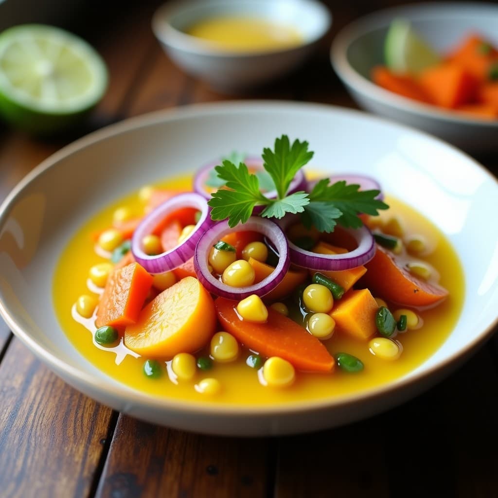 Plato blanco con ceiche vegano de corazón de palma en láminas finas, pimiento amarillo en juliana, cilantro fresco y rodajas de lima, bañado en leche de tigre citrica. Presentación fresca y vibrante con toques peruanos.