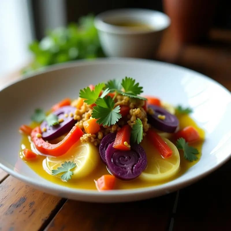 Plato hondo blanco con ceiche de palmito en rodajas, lechuga morada en tiras, pimiento rojo en juliana y vinagreta de maracuyá amarilla. Decorado con hojas de cilantro fresco. Receta brasileña vegana fresca y colorida.