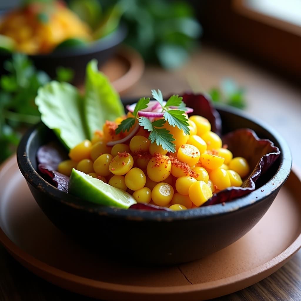 Plato hondo de cerámica negra con ceiche de palmito y coral de maíz, servido sobre hojas de lechuga morada, decorado con maíz tostado y culantro fresco. Receta peruana vegana sin pescado.