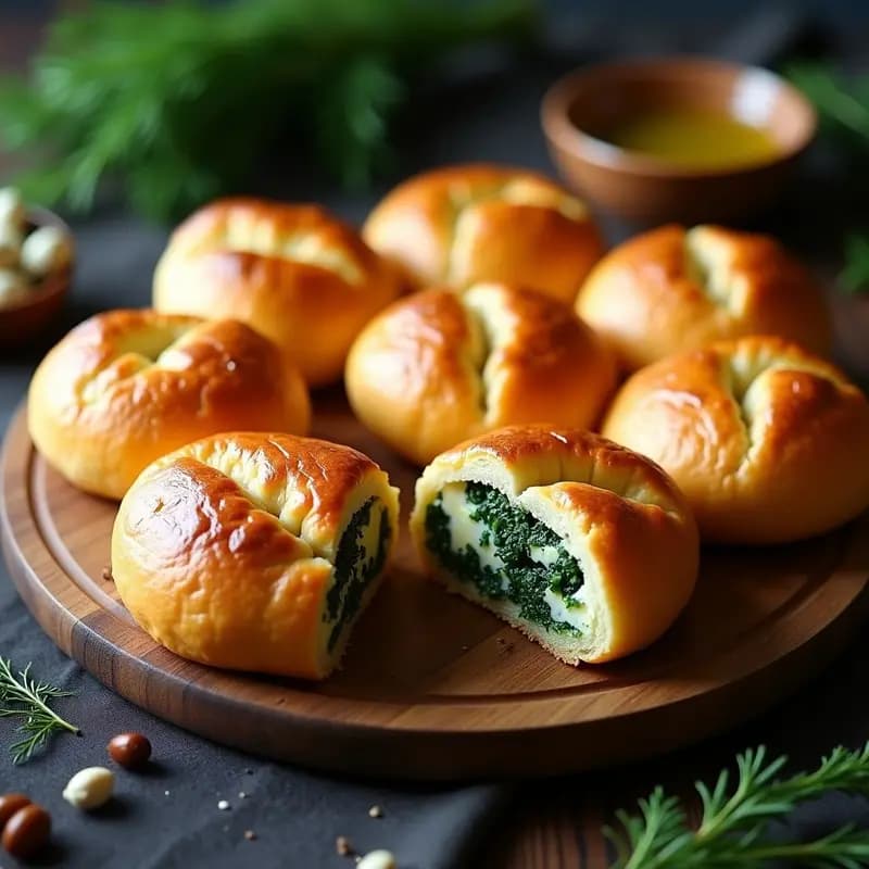 Cesnica serbia de queso y espinacas, pan tradicional de Navidad sin levadura, dorado y esponjoso, con relleno cremoso de espinacas y queso de oveja, servido en bandeja de madera rústica con ramitas de eneldo fresco.