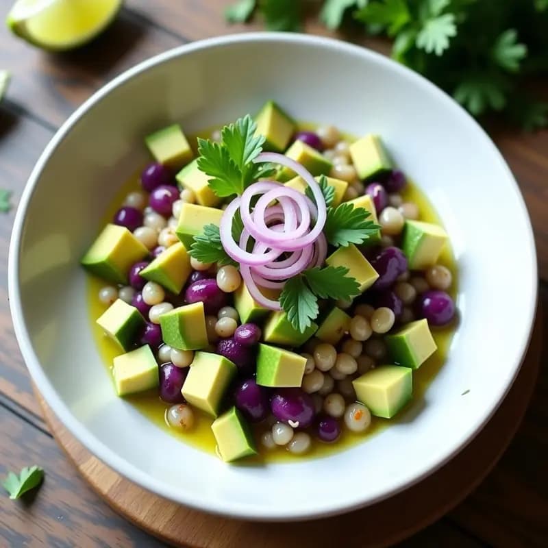 Plato de ceviche vegano peruano con corazones de alcachofa en cubos, maíz morado, aguacate, cebolla morada y cilantro, servido en un bol blanco con decoración de rodajas de limón verde.
