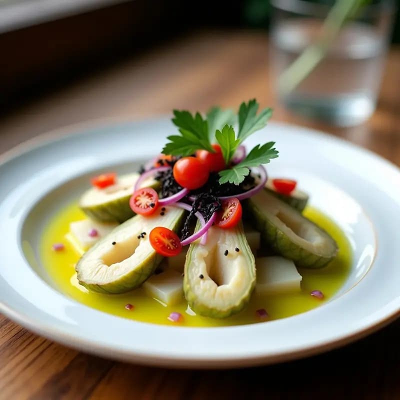 Plato blanco con ceviche de corazón de alcachofa en rodajas finas, mariscos veganos de konjac, algas wakame, cebolla morada y tomate cherry bañados en leche de tigre amarilla. Decorado con crujiente de maíz morado y hojas de culantro fresco.