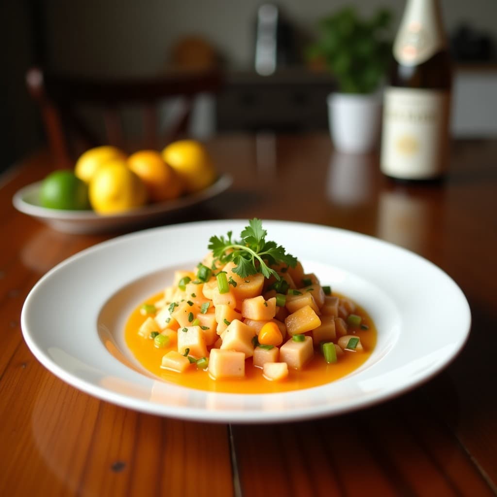 Plato blanco con ceviche vegano de corazón de alcachofa en láminas y pimiento amarillo asado, bañado en marinado cítrico, servido sobre hojas de lechuga romana y decorado con granos de granada y cilantro fresco.