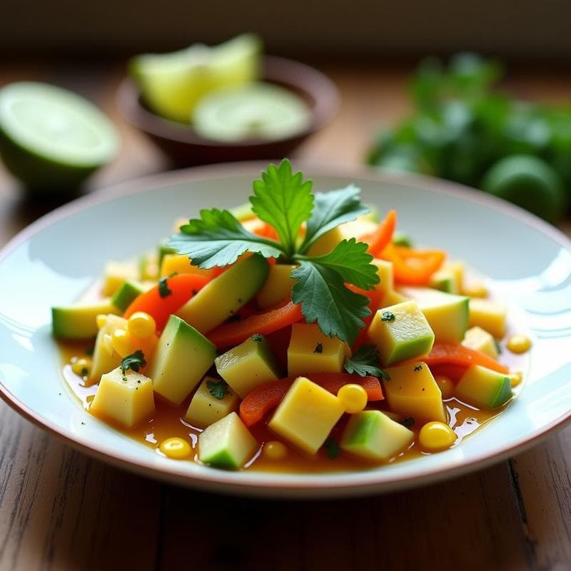 Plato blanco hondo con ceviche vegano de corazón de alcachofa y pimientos amarillos asados, bañado en marinado de limón, cilantro fresco y aguacate en cubos, acompañado de granos de maíz dulce. Receta fresca y colorida con toque peruano.