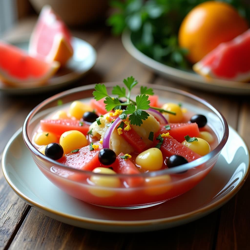 Ceviche mediterráneo vegano de corazón de alcachofa y pomelo rosa servido en copa de cristal, con trozos de alcachofa, pomelo, cebolla morada y aceitunas Kalamata, decorado con perejil fresco y ralladura de naranja.