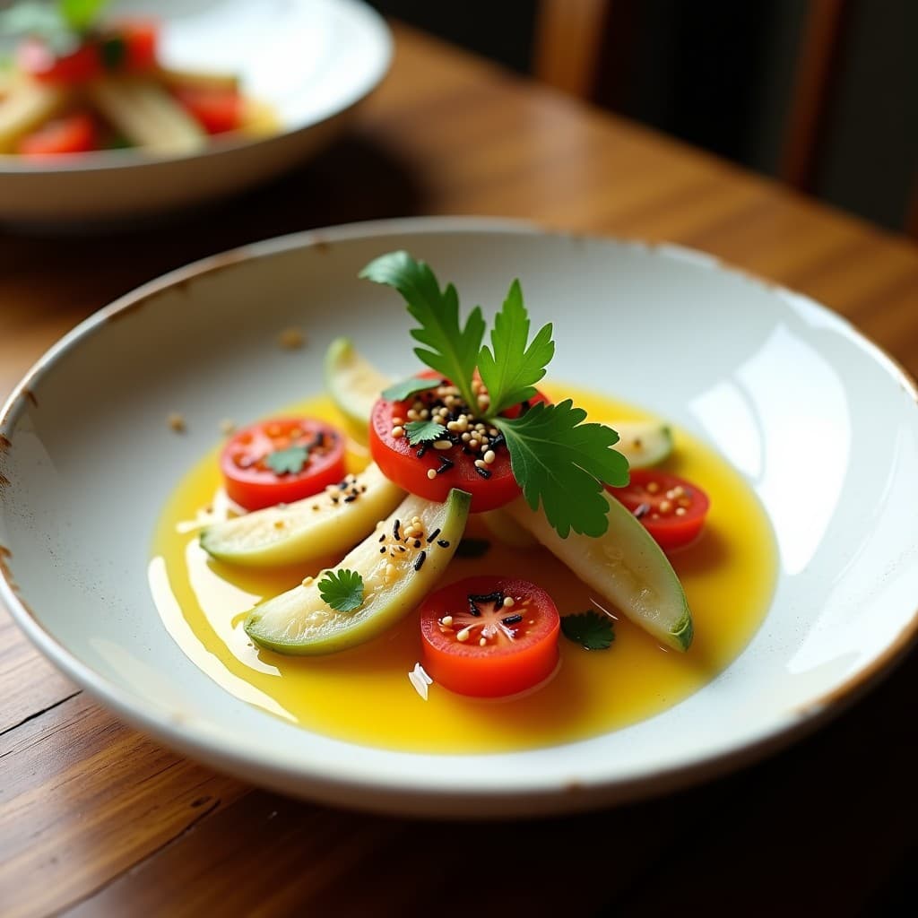 Ceviche vegano y crudivegano de corazón de alcachofa en láminas finas y coral de tomate rojo, bañado en leche de tigre amarilla con ají amarillo. Decorado con semillas de sésamo, cilantro fresco y alga nori en copos sobre un plato de cerámica blanca.