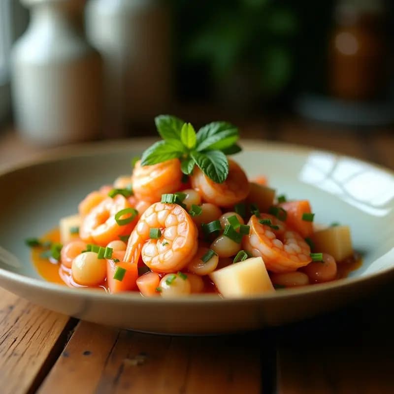Plato hondo de cerámica blanca con ceviche de aloja y mariscos filipino, mariscos rosados y blancos marinados, aloja en juliana, cebolla morada, chile verde y cilantro, sobre lechuga morada, con fondo de madera rústica.