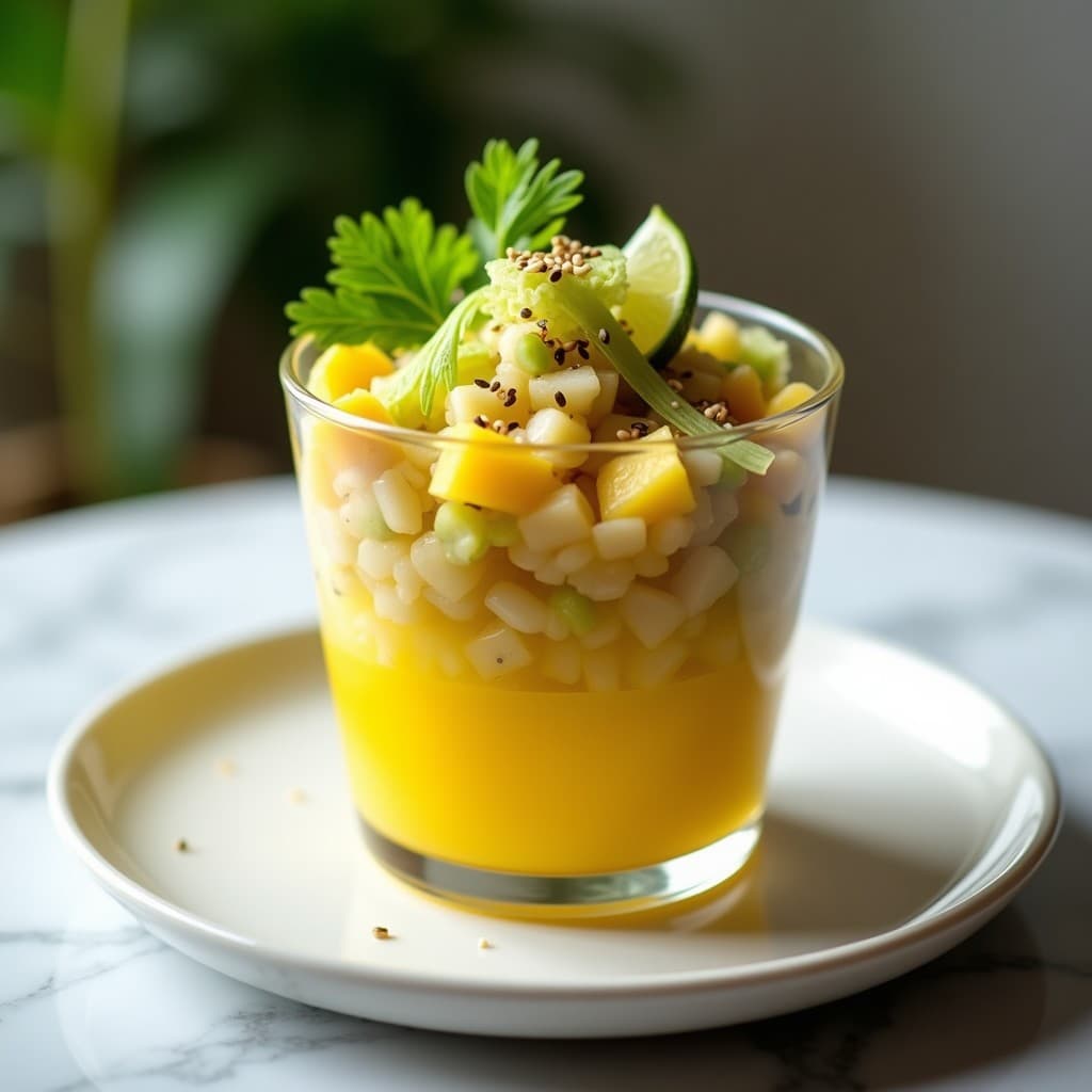 Ceviche vegano de ananás y corvina con lechuga de mar, servido en copa de cristal sobre fondo blanco. Trozos dorados de piña, corvina vegetal hidratada, tiras de lechuga de mar y semillas de sésamo, bañados en leche de tigre amarilla. Decorado con hojas de culantro y rodajas de lime.