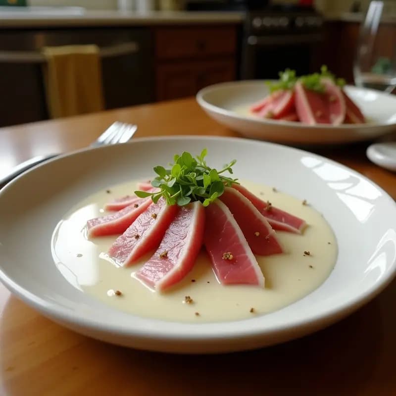 Ceviche de atún fresco en cubos marinados en leche de coco, decorado con cilantro picado, semillas de ajonjolí y hojas de hierbabuena. Servido en plato blanco sobre fondo rústico con rodajas de limón verde y ají amarillo al lado. Receta ecuatoriana keto fresca y alta en proteínas.