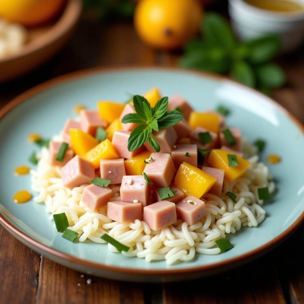 Plato blanco hondo con ceviche de atún en cubos rosados, mango dorado en trozos, cebolla morada en juliana y semillas de sésamo. Decorado con hojas de cilantro y menta, bañado en salsa cremosa de leche de coco y cítricos. Fondo con rodajas de lima y hoja de plátano.
