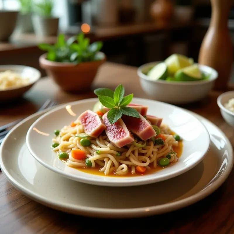 Ceviche de atún fresco en cubos bañado en leche de cocos y limón, decorado con aguacate en cubos, semillas de sésamo y cilantro fresco, servido en un plato blanco sobre fondo rústico.