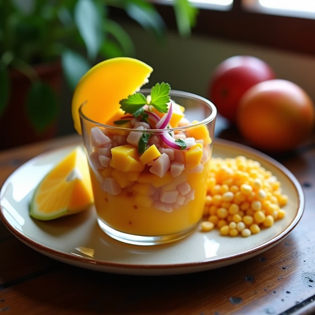 Ceviche de atún en copas transparentes con trozos de mango amarillo, cebolla roja en juliana y decoración de culantro. Plato fresco y colorido de cocina peruana sin gluten, servido con cancha serrana al lado.